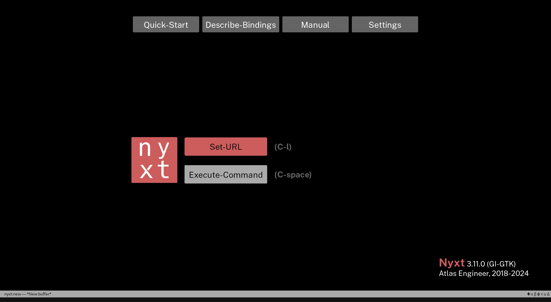 A screenshot of a heavily customized Nyxt homescreen in soft dark colors
