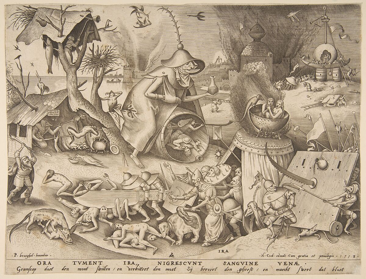 Engraving with a hell landscape filled with people and demons chopping, spiking, eating, and otherwise harming each other